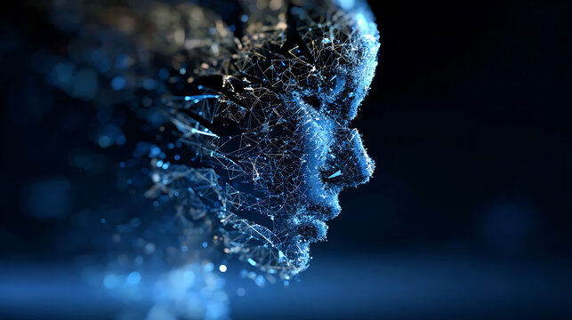 A digital human profile, composed of particles with depth of field, evokes thoughts about the virtual world and artificial intelligence