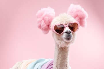Fototapeta premium A cute llama wearing heart-shaped sunglasses and fluffy pink decorations