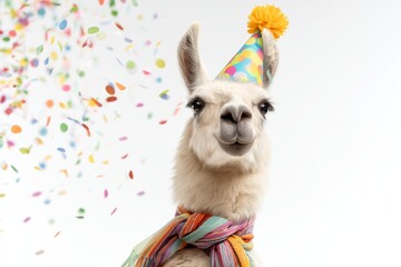 Fototapeta premium Happy llama wearing a party hat and scarf with confetti falling