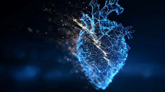 An abstract digital heart composed of interconnected points and lines, glowing with a futuristic and technological essence. The heart appears to be made of light, suggesting innovation.