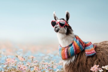 Fototapeta premium Llama wearing heart sunglasses and a colorful scarf in a field of flowers