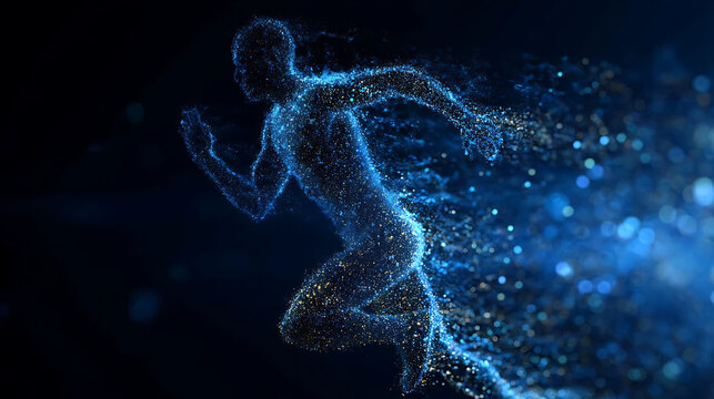 Dynamic silhouette of a person running against a dark backdrop, exuding energy and movement. The figure is composed of countless particles