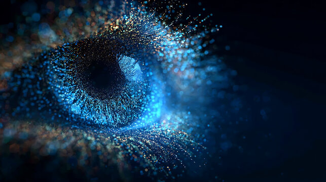 An artistic depiction of an eye composed of glowing particles. The eye looks towards the light