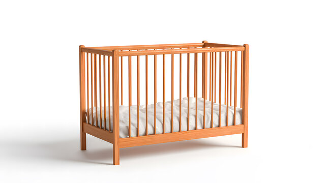 Baby bed in a crib placed on a white background. Wooden baby cot comfort furniture 