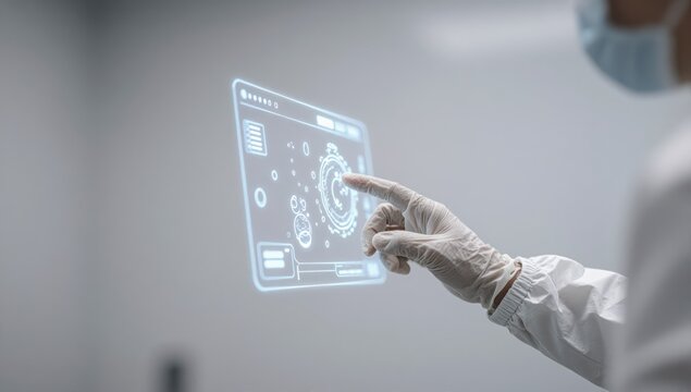 Scientist in protective gear interacting with holographic futuristic interface screen