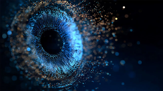 Abstract digital illustration of a human eye with particles floating around it, showcasing a modern artistic design and visual concept.