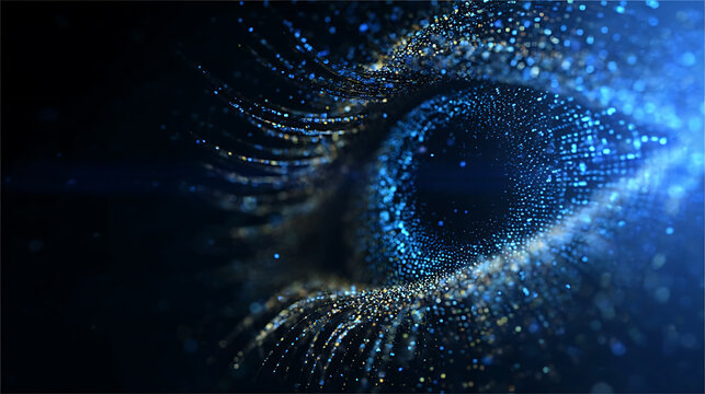A Close-Up View of a Digital Eye, Representing Vision and Technology. This image showcases a captivating digital eye with blue and gold particles.