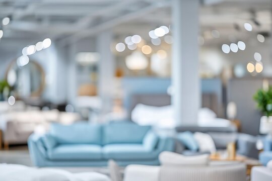 Blurred view of a modern furniture store showroom with light blue sofas