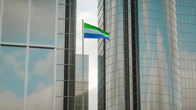 Sierra Leone Flag 3D Render Animation on Pole with City Buildings