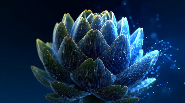 A close-up view of an aquatic plant, displaying a striking blue and green colour palette against a dark backdrop. The delicate details of the petals are fully visible. 