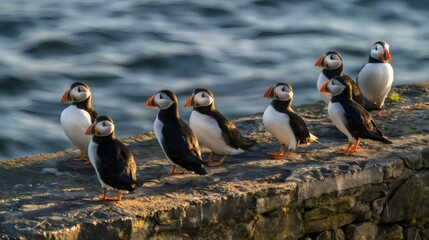 Fototapeta premium Atlantic puffins standing on a rocky ledge by the ocean
