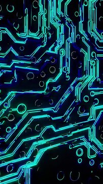 Abstract Circuit Board Patterns with Neon Glow: A Close-Up Exploration of Intricate Electronic Designs Featuring Vibrant Lines and Circular Elements