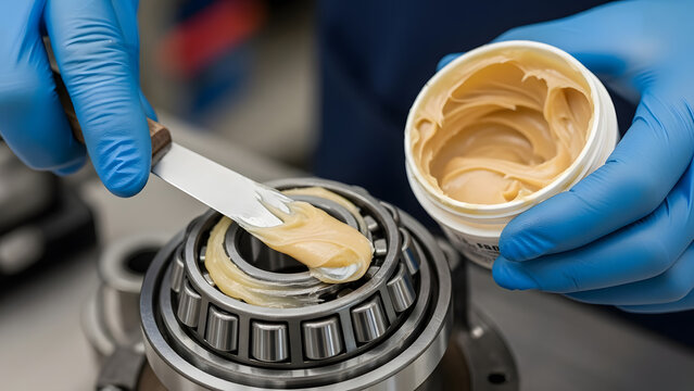 Mechanic applying lubricating grease to a tapered roller bearing.