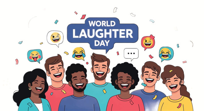 World Laughter Day, diverse people, smiling faces, colorful illustration, emoji, celebration