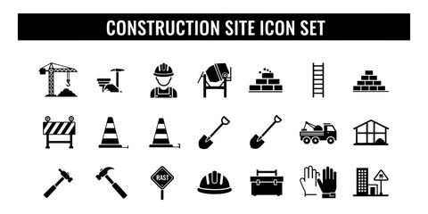Minimalist and professional construction site icon set showing building equipment and worker symbols for informational and technical projects. © MstSomaya