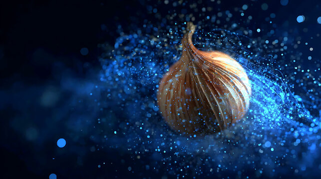 A single garlic bulb enveloped by an ethereal display of particle effect