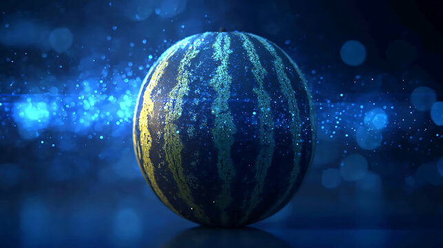 A spherical watermelon sits center frame. Surrounded by a glittering blue light it stands out against a dim background.