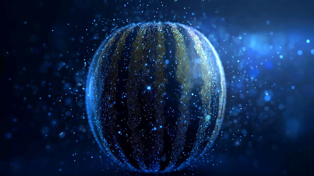 A vibrant watermelon in a cosmic scene surrounded by sparkling particles. The watermelon stands out against a deep blue background, creating a captivating visual