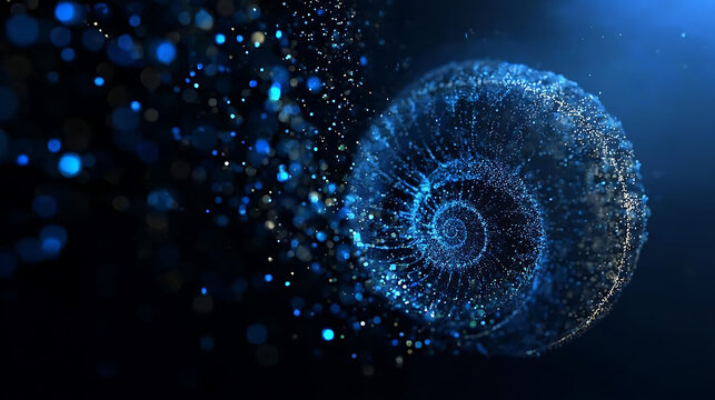 A mesmerizing digital spiral with glowing blue particles, on dark background