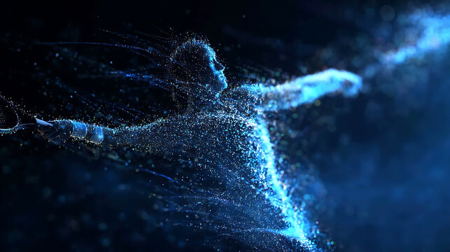 A man is morphing into particles. His body is forming into particles, leaving a sparkling trail behind