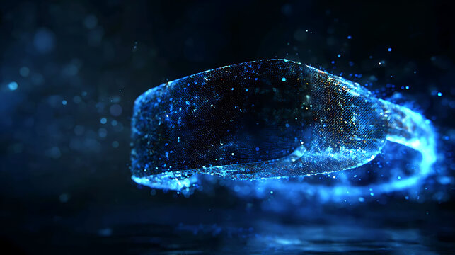 Abstract and dynamic digital art of a whale that seems to be composed of particles glowing with blue lights