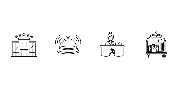 Hotel and hospitality service line icons for travel booking reception desk luxury accommodation guest assistance and tourism vector illustration.