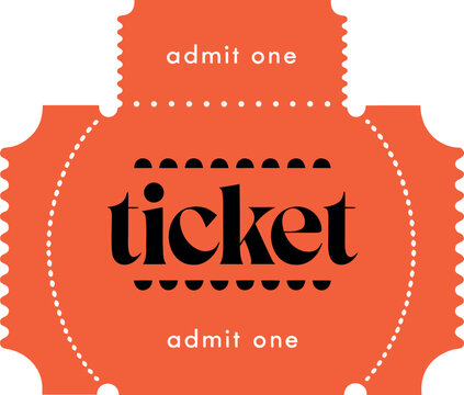 Orange ticket stub with text admit one and ticket, vintage style for events.