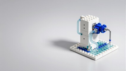 Naklejka premium White and blue LEGO construction resembling a science lab with water tubes and blue liquid