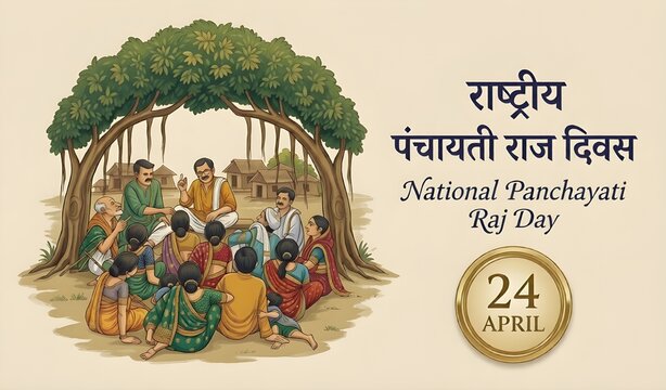 National Panchayati Raj Day Illustration with Village People Meeting Under Banyan Tree, 24 April India Rural Governance Concept