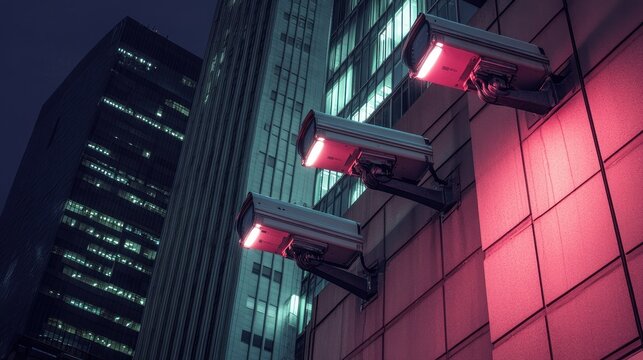 Security cameras illuminate a city building at night.