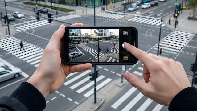 Person using a smartphone to capture an urban intersection from above.