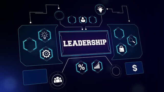 Leadership and corporate management concept with a futuristic digital interface showing professional icons for teamwork, creative ideas, and business development
