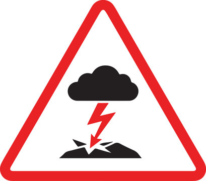 Yellow Lightning Strike Warning Sign, Severe Weather Danger Caution Sign, Electrical Storm Hazard Symbol Isolated on White Background