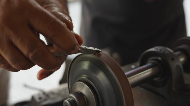 Craftsman sharpening a nipper blade on the street