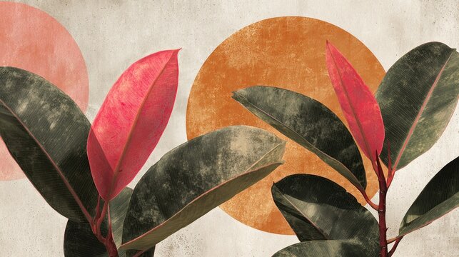 Abstract botanical artwork features dark foliage with vibrant red new growth set against textured circular shapes.