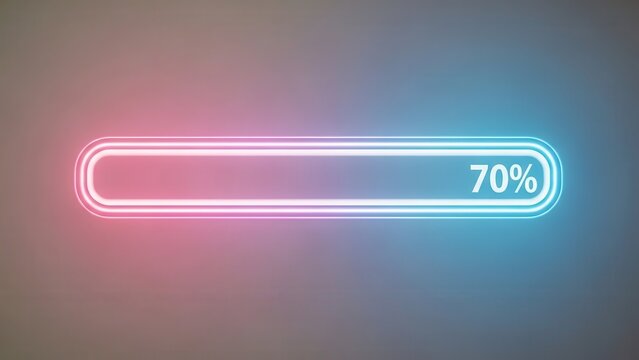 Futuristic digital progress indicator glowing with vibrant neon light at seventy percent completion