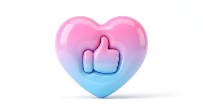 High-gloss 3D heart and thumbs up like button with soft pink to blue gradient for social media interaction.