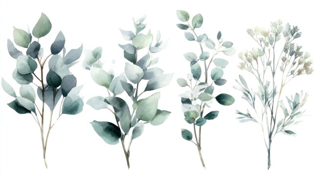 Botanical sprigs featuring soft green and muted blue foliage are depicted in watercolor style against a white background