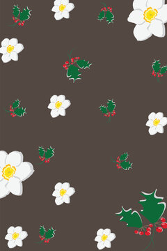 Botanical Pattern with Holly Leaves and Narcissus Flowers in Flat Style. This botanical pattern features stylized holly leaves with berries paired with narcissus flowers in a scattered arrangement