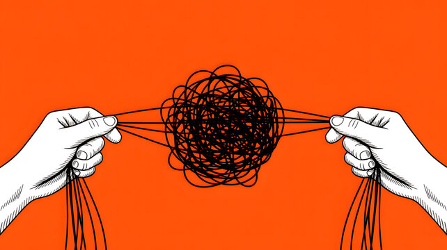 Hands untangling a knot of threads during problem-solving concept with flat design style