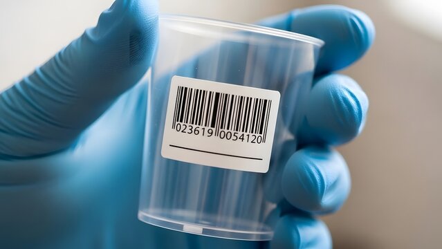 Medical professional holding a urine sample container with barcode label.