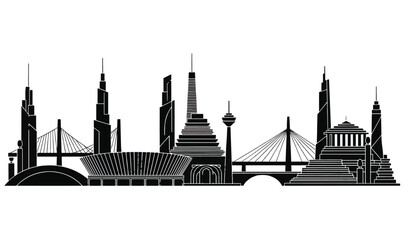 Naklejka premium Modern City Skyline Silhouette - Urban Architecture Panorama, Skyscraper Landscape, Iconic Bridge Stadium Vector Art for Commercial Branding