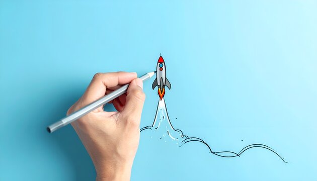 Minimalist illustration of a hand drawing a rocket taking off, depicting leadership, strategy, and upward momentum.