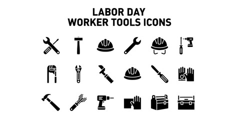 Fototapeta premium A collection of minimalist graphic icons for Labor Day, featuring professional worker tools and safety equipment in a simple and clean design