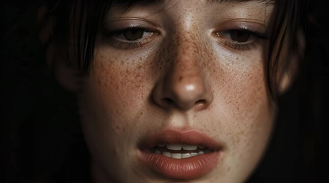 Close-up portrait of a young woman with freckles and a subtle expression