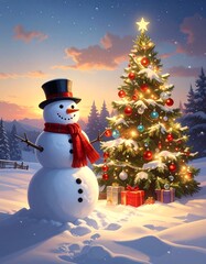 Fototapeta premium A snowman in a snowy landscape with a Christmas tree