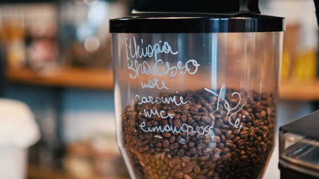 Close up of roasted Ethiopia Shakiso coffee beans in a grinder with tasting notes visible.