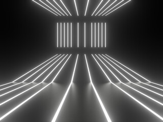 Fototapeta premium Black geometric stage with white neon lights