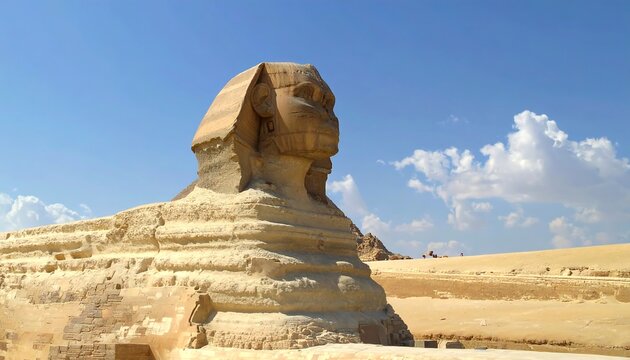 A large limestone statue of a creature with a human head and lion body