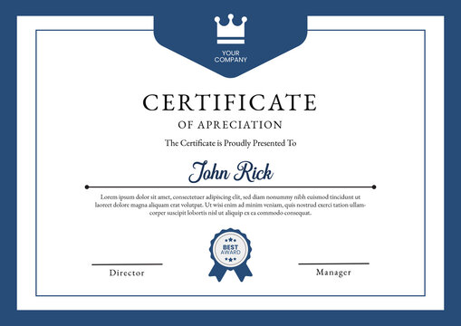 Formal certificate of appreciation template design with navy blue frame and crown icon, including a best award badge, signature placeholders, and elegant serif typography.